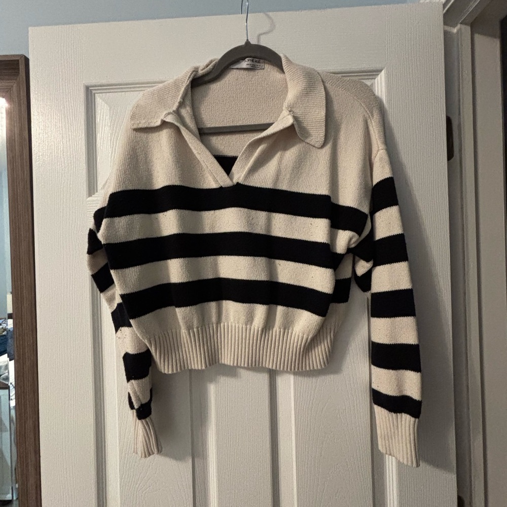 Sophie Rue Black and Cream Striped V-Neck Sweater